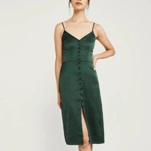 A&F Emerald Green Satin Button Up Midi Dress, sz ST, Dark Mermaid,Cockyail Dress